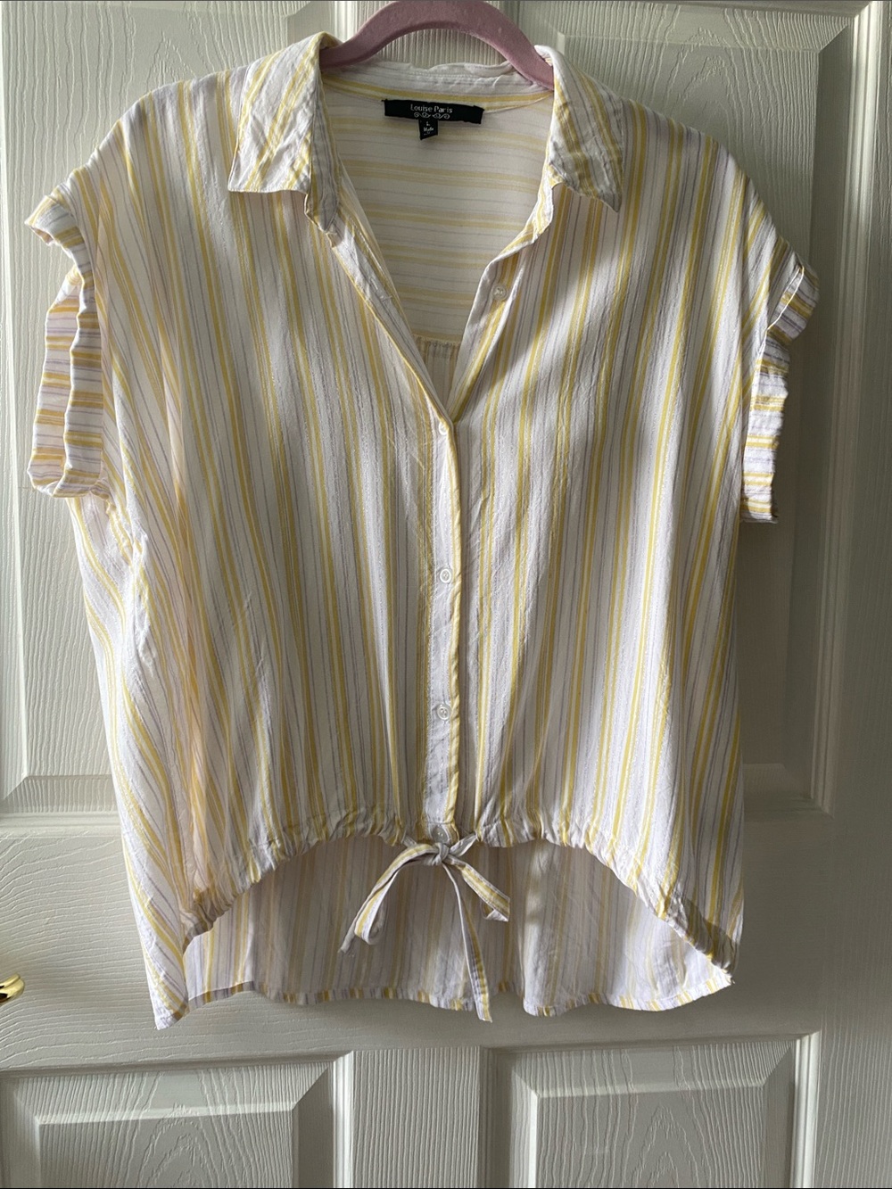 Metallic Silver, Yellow, and White Stripe Tie Front Short Sleeve Blouse Top L